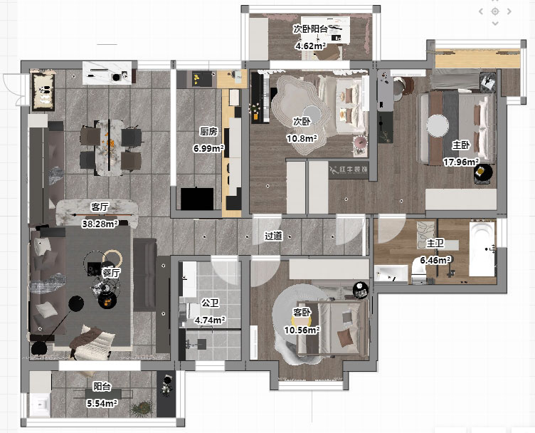 蒋琛｜蔚蓝星座1-804-130㎡-现代简约风格｜3室2厅2卫｜老房装修｜定制家｜全包19万｜00_03平面彩图